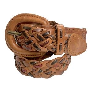 Vintage 90's Kim Rogers Brown Leather
Woven Belt Brass Hardware S
